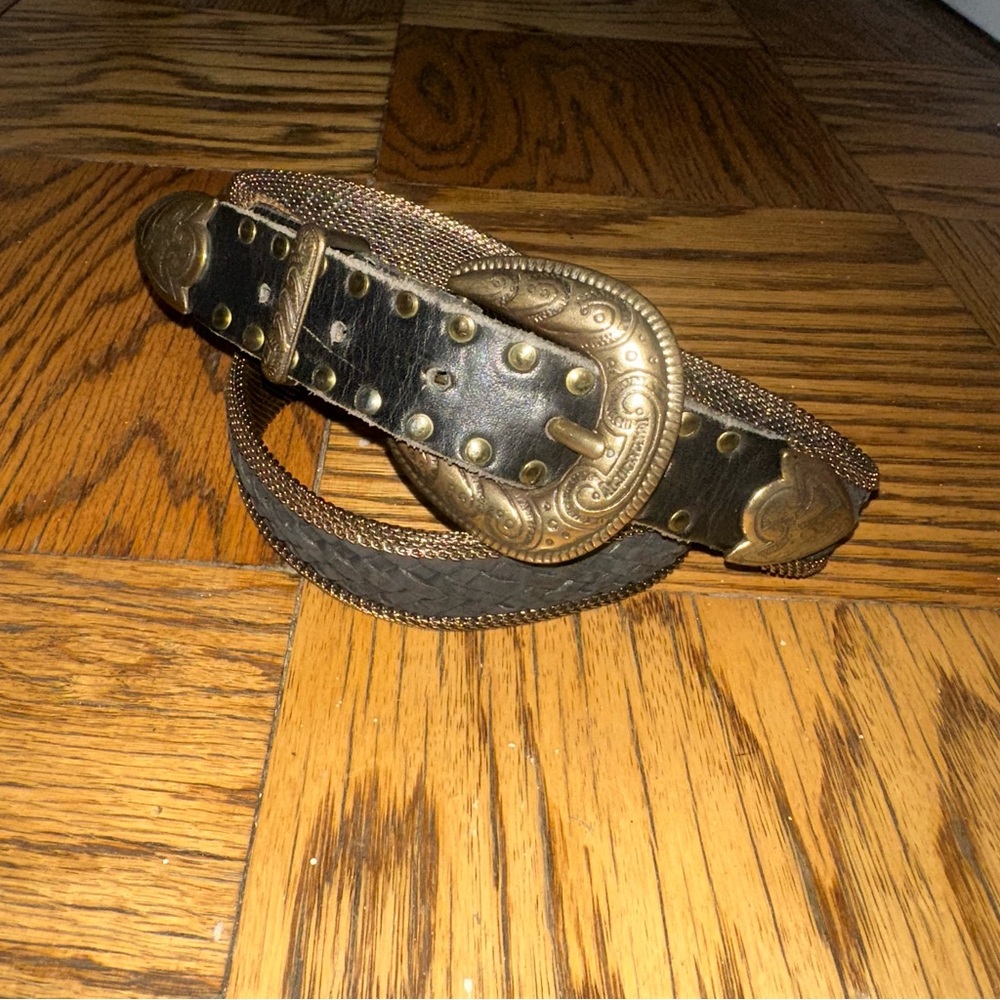 Vintage Sand Castle Black Leather and mesh belt